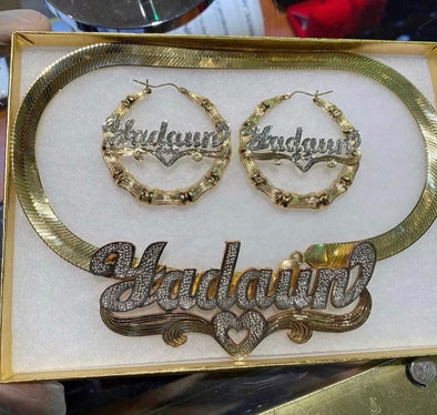 Harringbone Nameplate Necklace and Bamboo Earrings Set